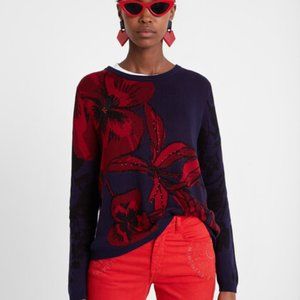 Desigual Blue Red Floral Cotton Sweater Open Back Size Medium Small